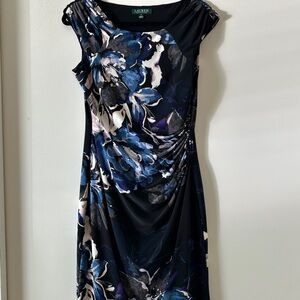 Ralph Lauren Asymmetrical Blue and White Ruched Cocktail Dress